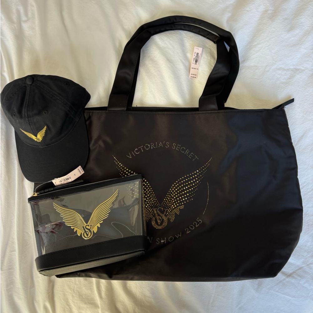 NWT Victorias Secret Fashion Show 2025 Tote Bag, Makeup Bag and Hat Bundle